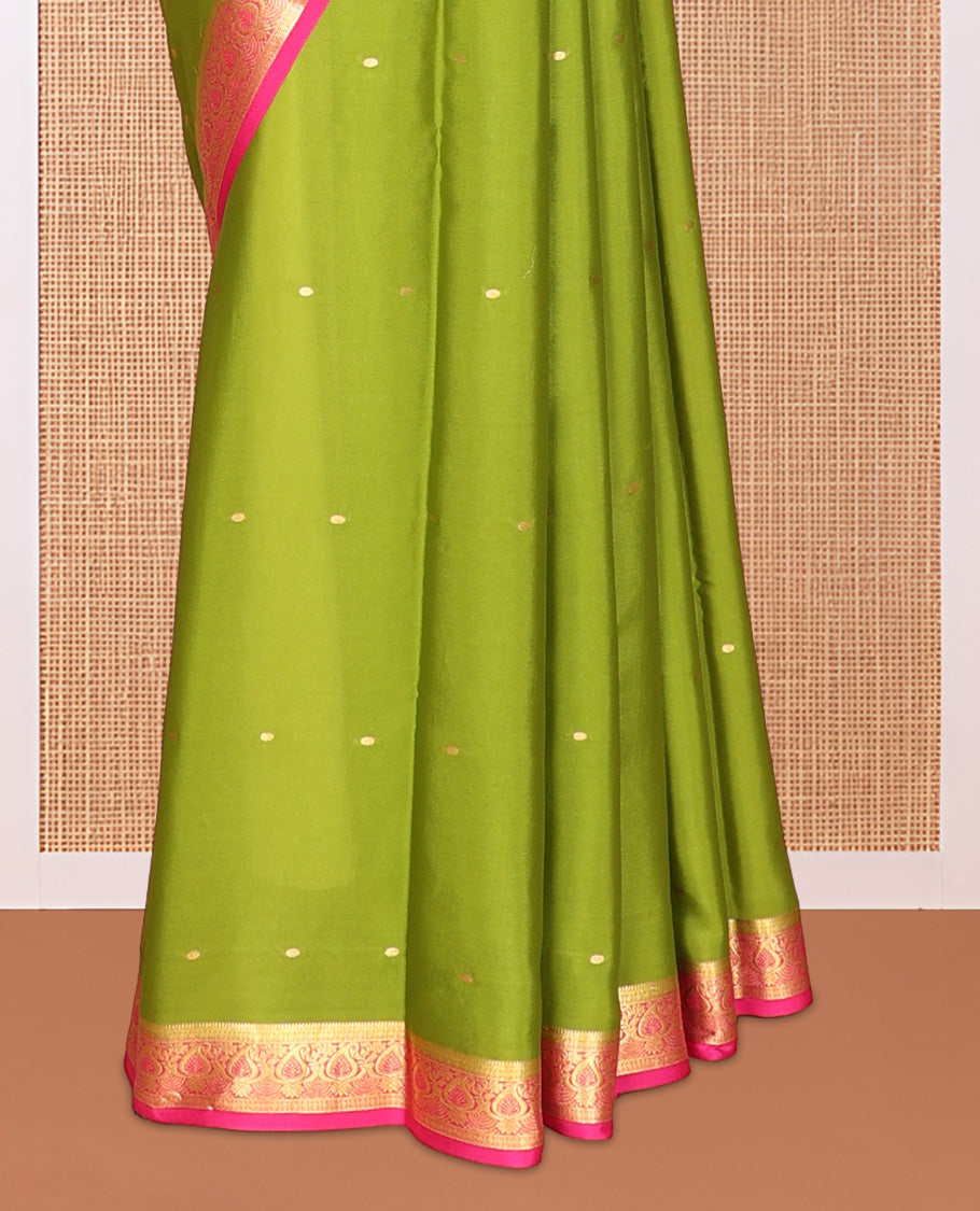 Green Zari Buttas Mysore Silk Saree, Complemented by a Contrast Paisley Zari Border, Zari Design Pallu, and a Contrast Blouse