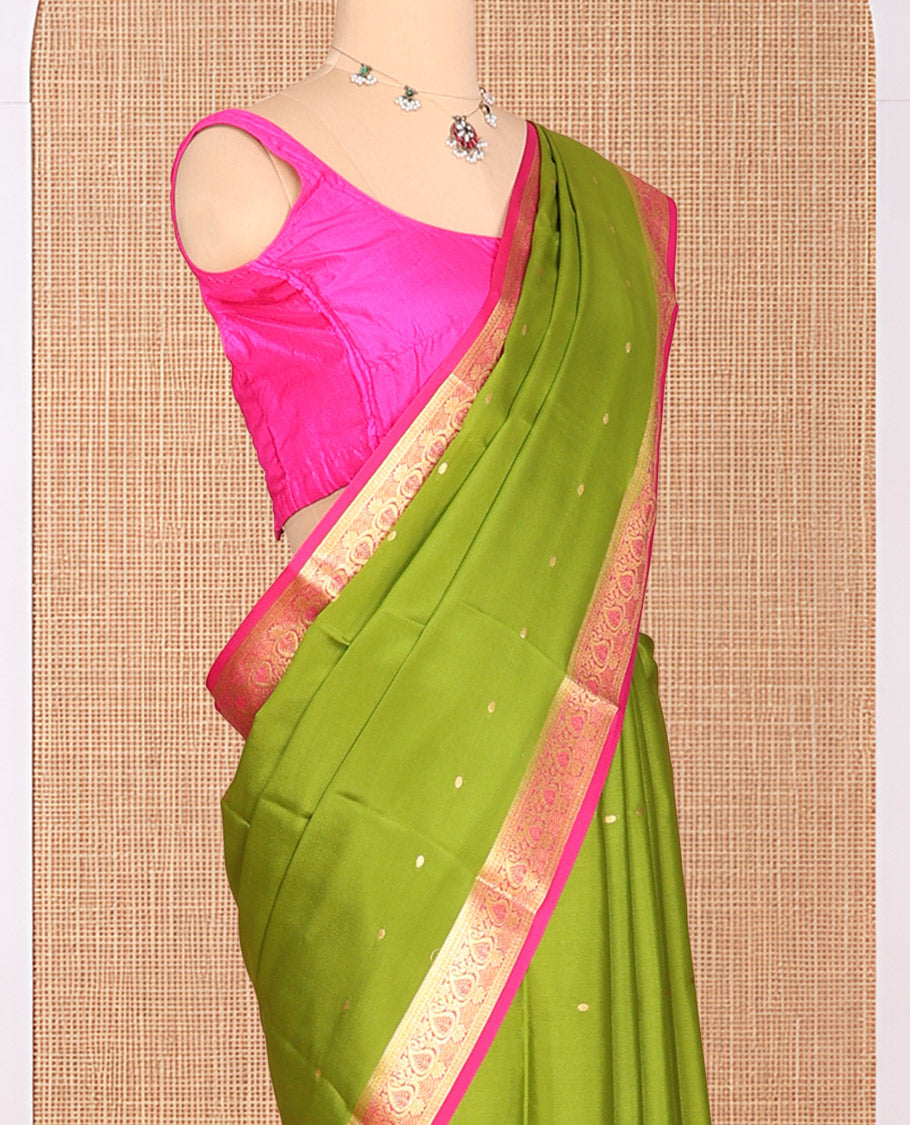 Green Zari Buttas Mysore Silk Saree, Complemented by a Contrast Paisley Zari Border, Zari Design Pallu, and a Contrast Blouse