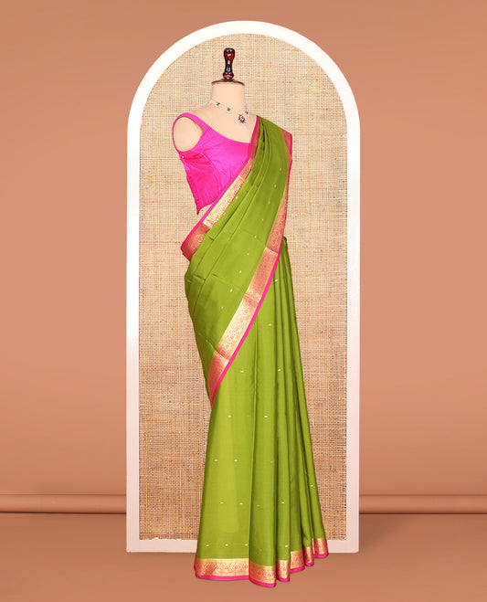 Green Zari Buttas Mysore Silk Saree, Complemented by a Contrast Paisley Zari Border, Zari Design Pallu, and a Contrast Blouse