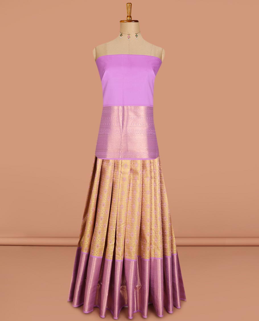 Yellow jacquard pure-mix halfsaree,contrast zari design dhavani,zari border & blouse of diamond, kamalam & then kuli kann