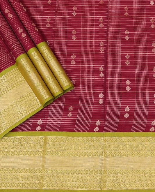 Burgundy Art Silk Pavadai Material Set, Featuring Zari Buttas Enclosed Checks All Over the Skirt, Complemented by a Contrast Traditional Zari Design Border, and Paired with a Contrast Blouse