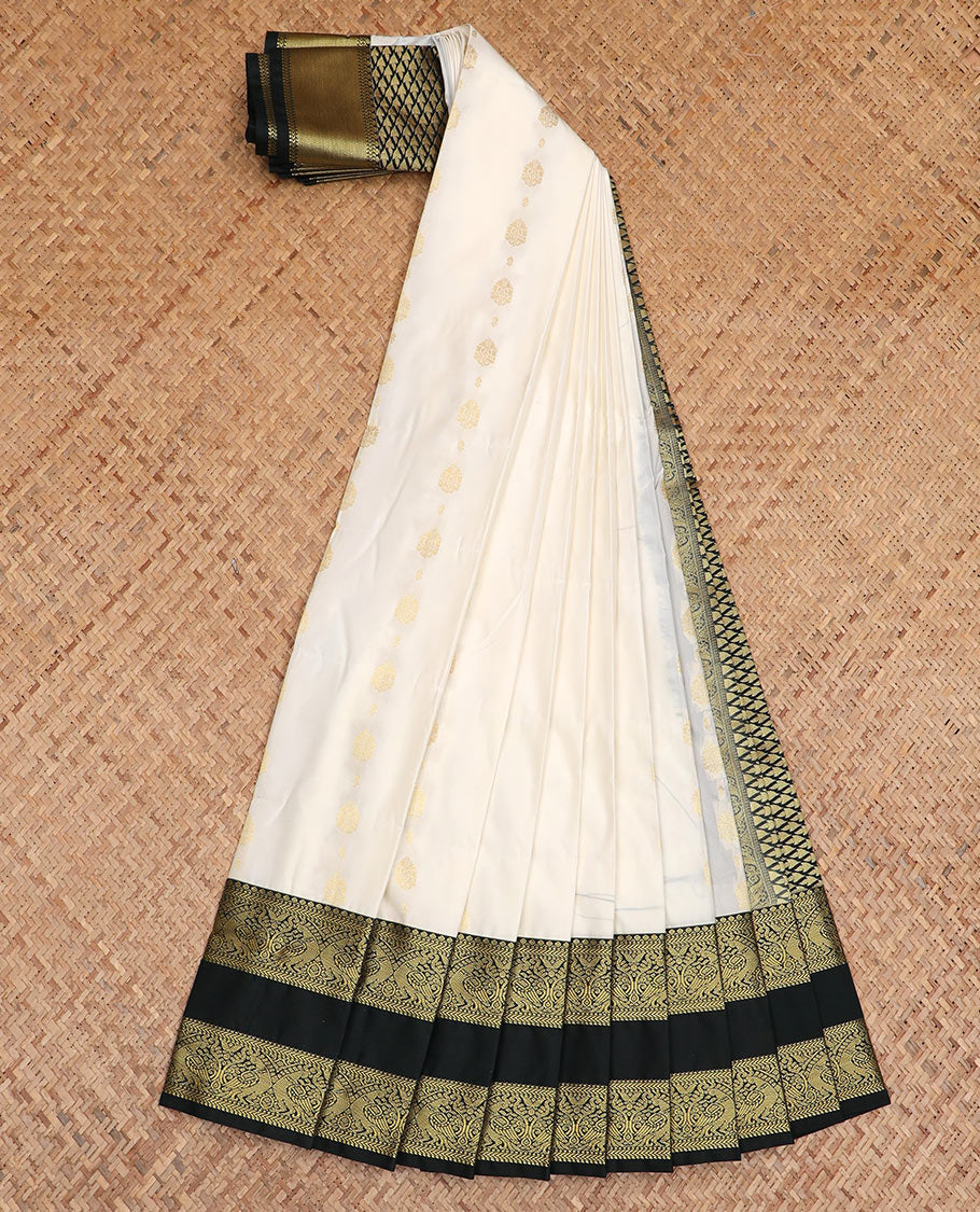 Cream zari buttas budget silk saree, contrast traditional zari rettai pettu border, and jaal pallu