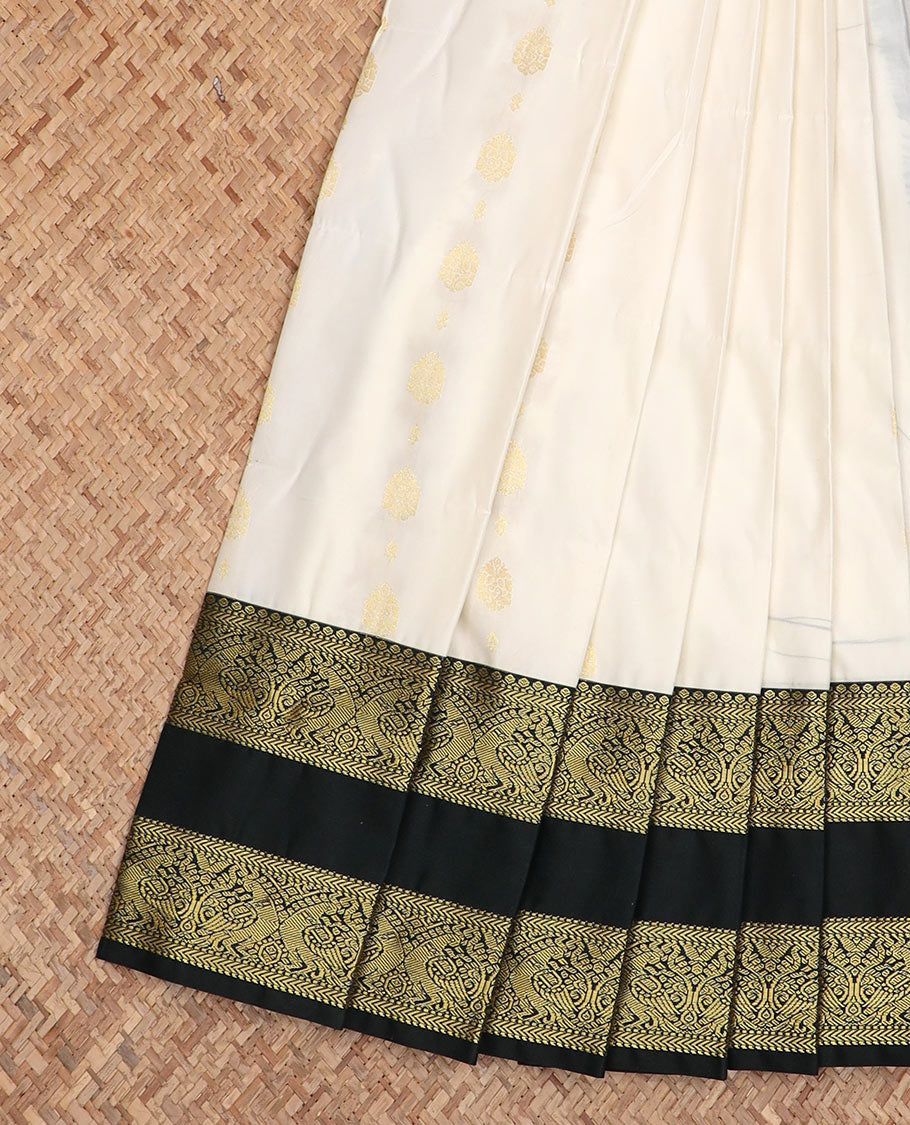 Cream zari buttas budget silk saree, contrast traditional zari rettai pettu border, and jaal pallu