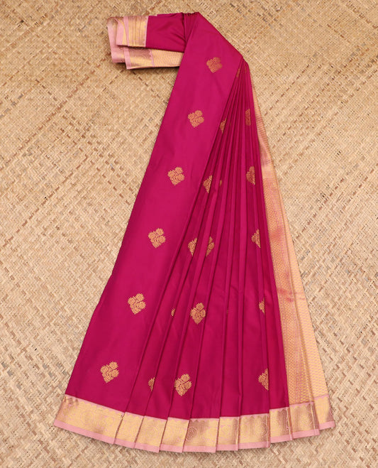Pink zari buttas budget silk saree, contrast traditional zari rettai pettu border, and pallu of jaal design