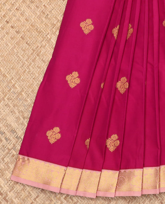 Pink zari buttas budget silk saree, contrast traditional zari rettai pettu border, and pallu of jaal design