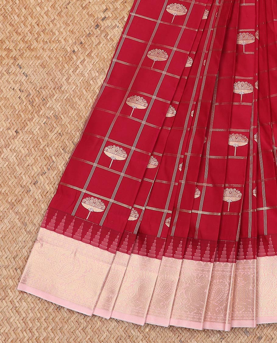 Red zari butta enclosed checked gift saree, contrast traditional zari border of peacock motifs, and jaal pallu