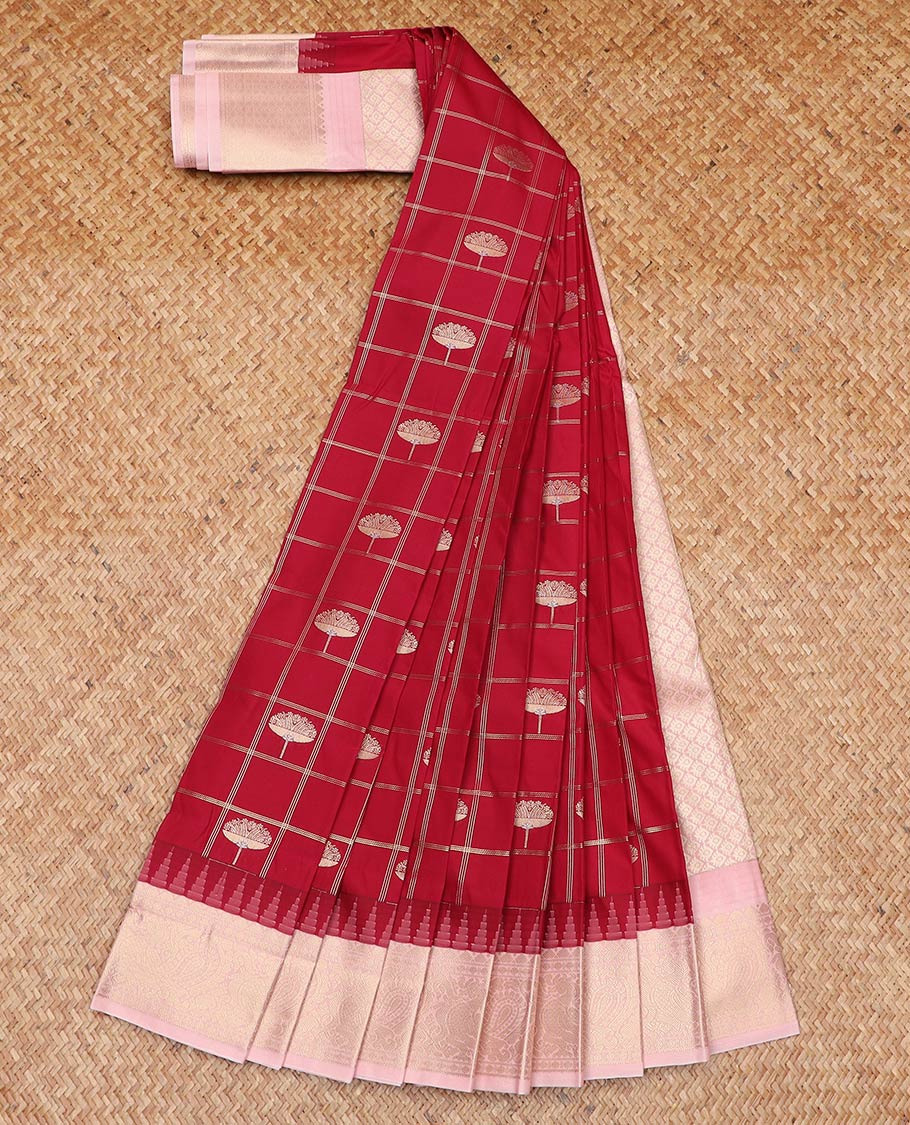 Red zari butta enclosed checked gift saree, contrast traditional zari border of peacock motifs, and jaal pallu