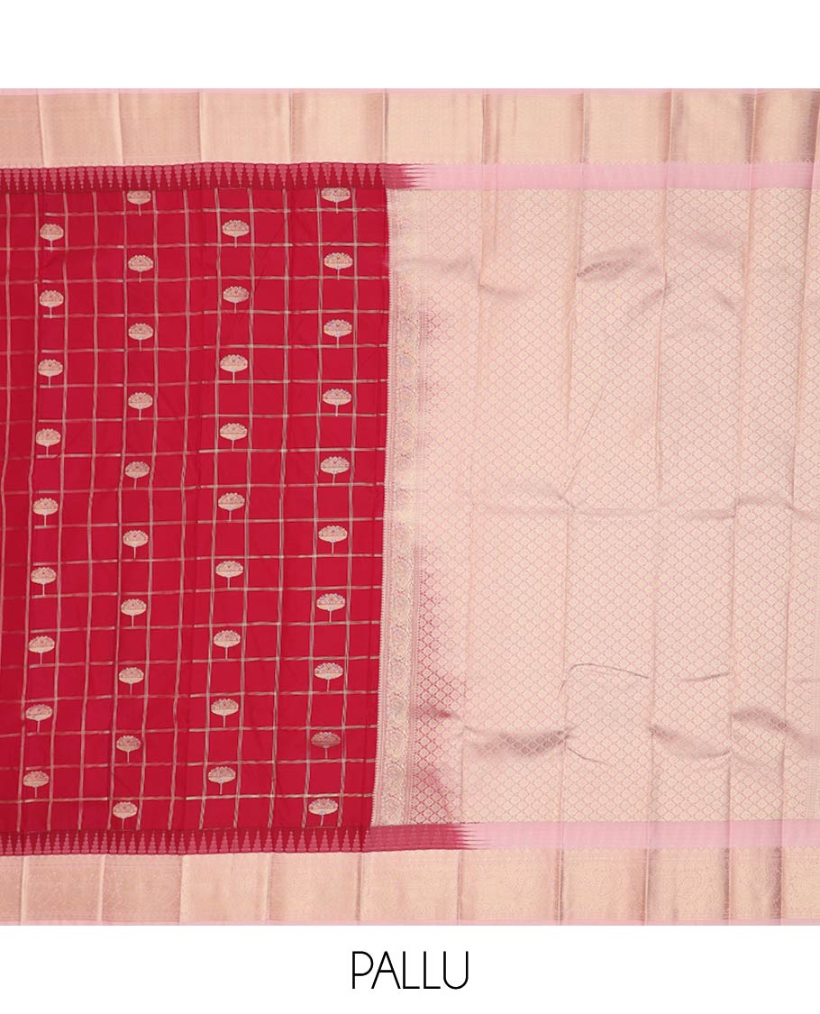 Red zari butta enclosed checked gift saree, contrast traditional zari border of peacock motifs, and jaal pallu