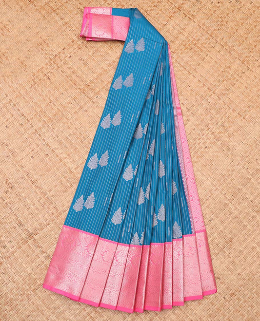 Blue tree buttas and striped budget silk saree, contrast traditional zari design border, and jaal pallu