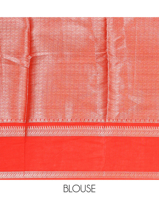 Bright red zig-zag stripes with polka dots zari woven assam silk saree, traditional motifs woven double border, and zari design pallu