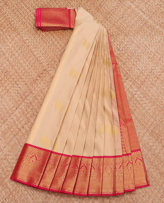 Sandal Budget Silk Saree, Sparsely Woven with Zari Buttas, Complemented by a Contrast Traditional Zari Border, Jaal Pallu, and a Contrast Blouse