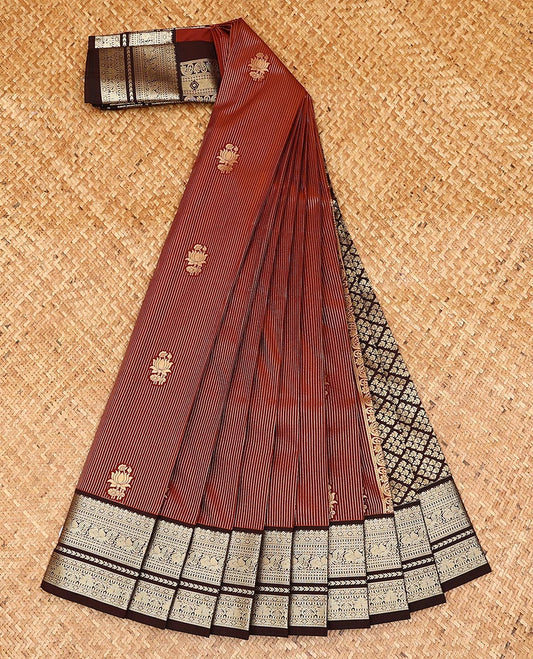 Maroon zari buttas, and striped gift saree, contrast traditional zari design rettai pettu border, and zari-rich jaal pallu
