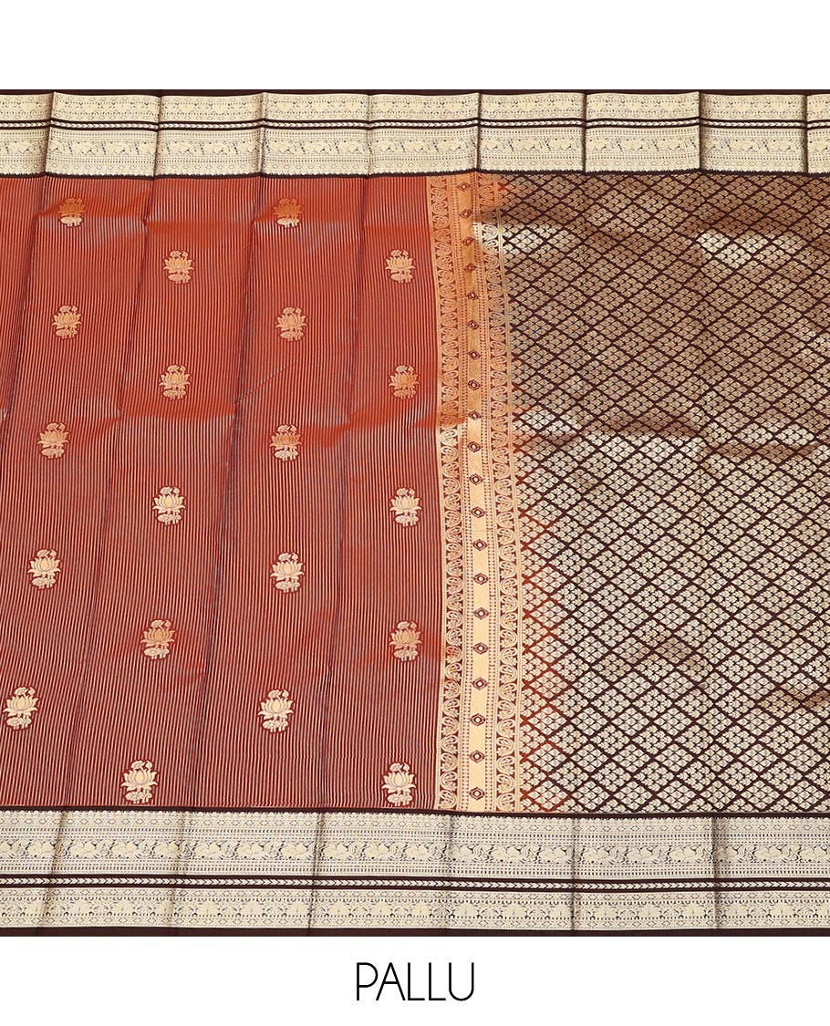 Maroon zari buttas, and striped gift saree, contrast traditional zari design rettai pettu border, and zari-rich jaal pallu