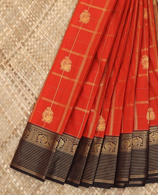 Rust orange zari checked and peacock buttas budget silk saree, contrast traditional zari design border, and jaal pallu