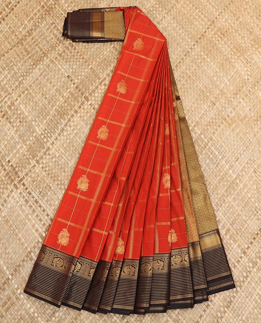 Rust orange zari checked and peacock buttas budget silk saree, contrast traditional zari design border, and jaal pallu
