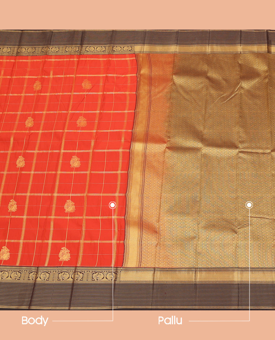 Rust orange zari checked and peacock buttas budget silk saree, contrast traditional zari design border, and jaal pallu
