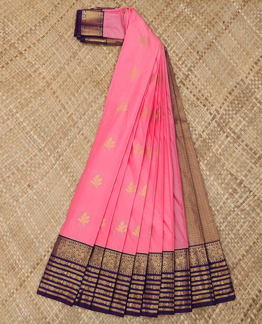 Pink Budget Silk Saree Decked Up with Floral Buttas, Highlighted with a Contrast Temple Traditional Zari Design Border, Rich Pallu of Intricate Designs, and Paired with a Contrast Blouse