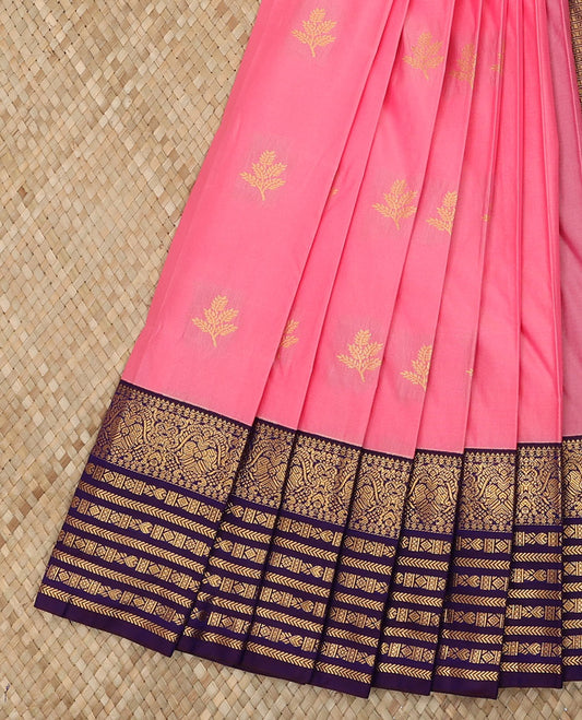 Pink Budget Silk Saree Decked Up with Floral Buttas, Highlighted with a Contrast Temple Traditional Zari Design Border, Rich Pallu of Intricate Designs, and Paired with a Contrast Blouse