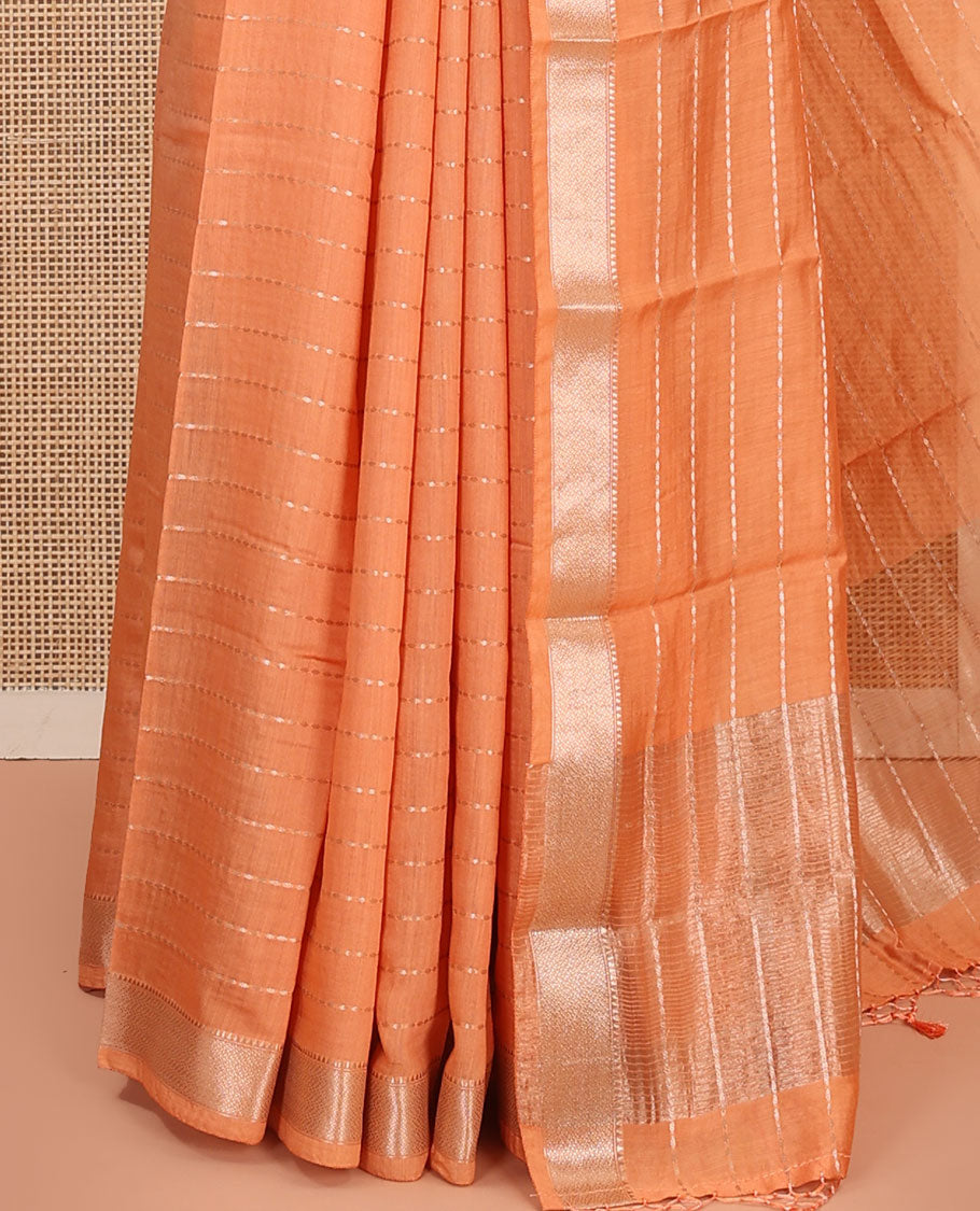 Orange Assam Silk Saree, Gleamed Up with Zari Stripes on Its Body, Highlighted by Zari Border, Pallu Steeped with Zari Stripes, and Paired with a Contrast Blouse