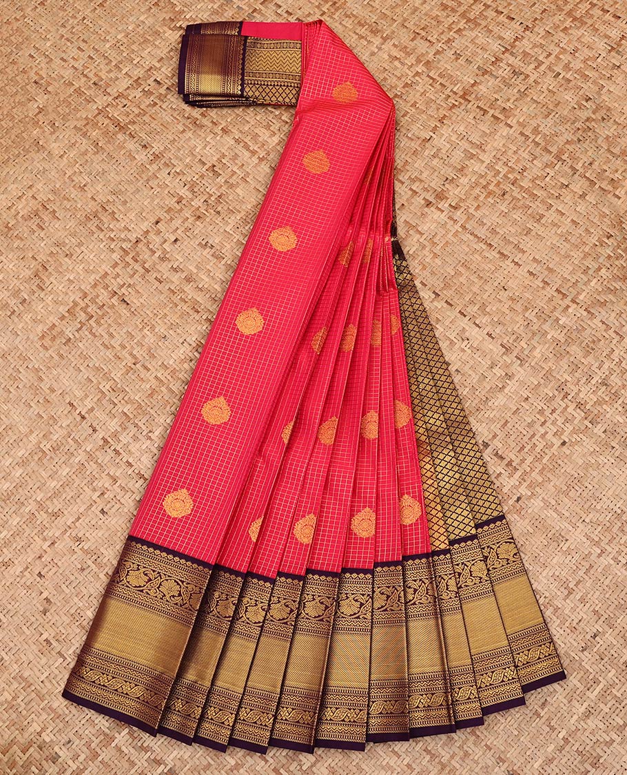 Red Budget Silk Saree, Detailed with Zari Buttas and Checks All Over Its Body, Complemented by a Contrast Zari Border of Traditional Designs, Pallu Features Jaal Designs, and Paired with a Contrast Blouse