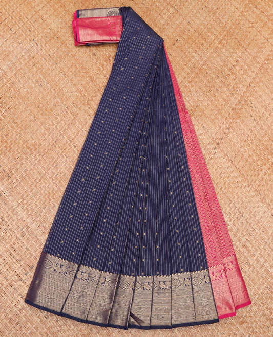 Blue Budget Silk Saree, Adorned with Zari Buttas and Stripes All Over Its Body, Highlighted by Traditional Zari Designs Woven Border, Contrast Grand Pallu and Paired with a Contrast Blouse