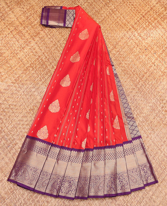 Red Budget Silk Saree, Enthralled with Zari Buttas, Complemented by a Contrast Traditional Design Border, Grand Jaal Pallu, and a Contrast Blouse