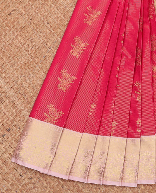 Pink Budget Silk Saree, Mesmerized with Zari Buttas and Stripes, Complemented by Contrast Traditional Zari Border, Grand Pallu, and a Contrast Blouse