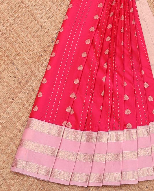 Pink Budget Silk Saree, Woven with Zari Buttas, Complemented by a Contrast Traditional Zari Border, Jaal Pallu, and a Contrast Blouse