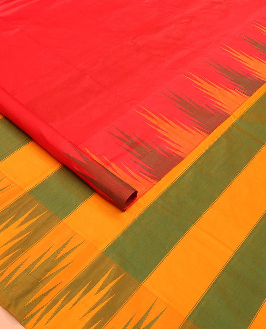 Red plain Bangalore silk saree, contrast temple border, and pallu of stripes and temple design