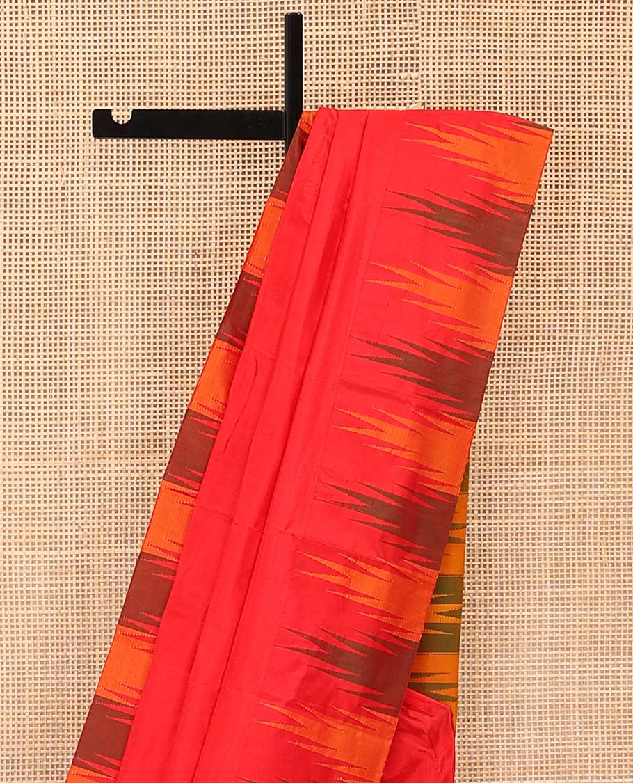 Red plain Bangalore silk saree, contrast temple border, and pallu of stripes and temple design