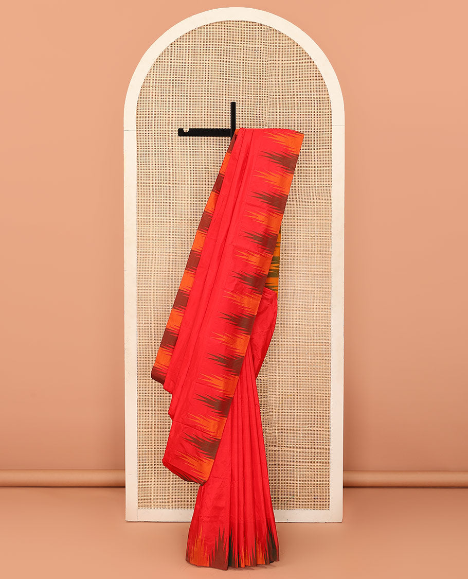 Red plain Bangalore silk saree, contrast temple border, and pallu of stripes and temple design