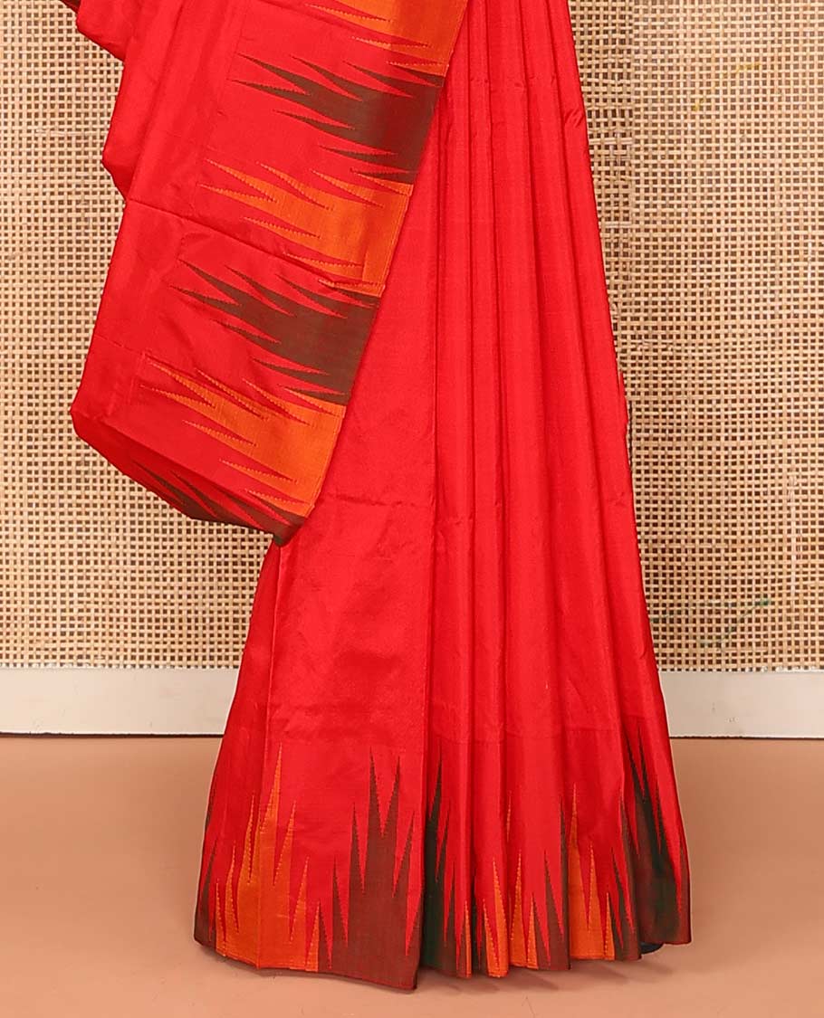 Red plain Bangalore silk saree, contrast temple border, and pallu of stripes and temple design