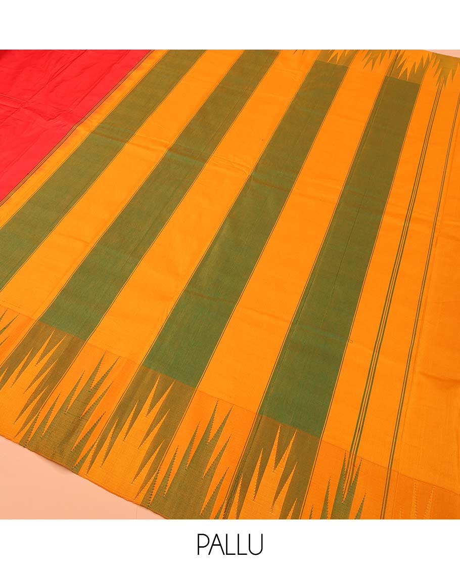 Red plain Bangalore silk saree, contrast temple border, and pallu of stripes and temple design