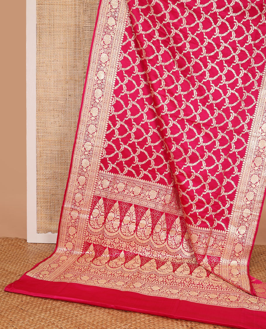 Red jacquard banarasi silk saree, floral creeper & traditional zari border & pallu steeped with unique floral designs