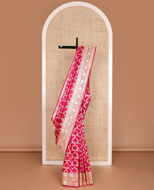 Red jacquard banarasi silk saree, floral creeper & traditional zari border & pallu steeped with unique floral designs