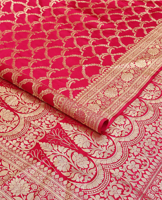 Red jacquard banarasi silk saree, floral creeper & traditional zari border & pallu steeped with unique floral designs