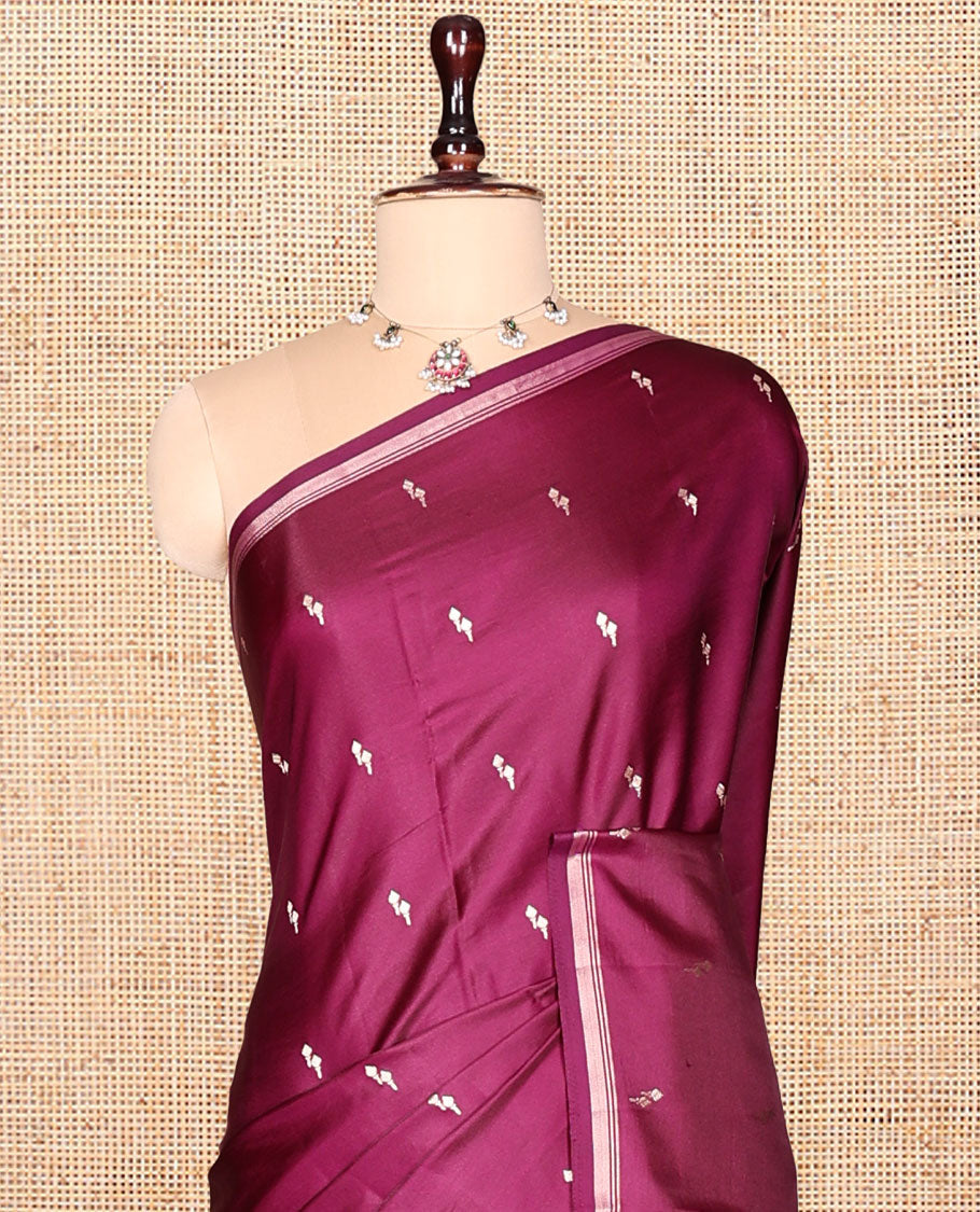 Purple Satin Silk Saree, Enriched with Buttas, a Subtle Piping Border, Complemented by a Contrast Intricately Designed Pallu, and a Contrast Blouse