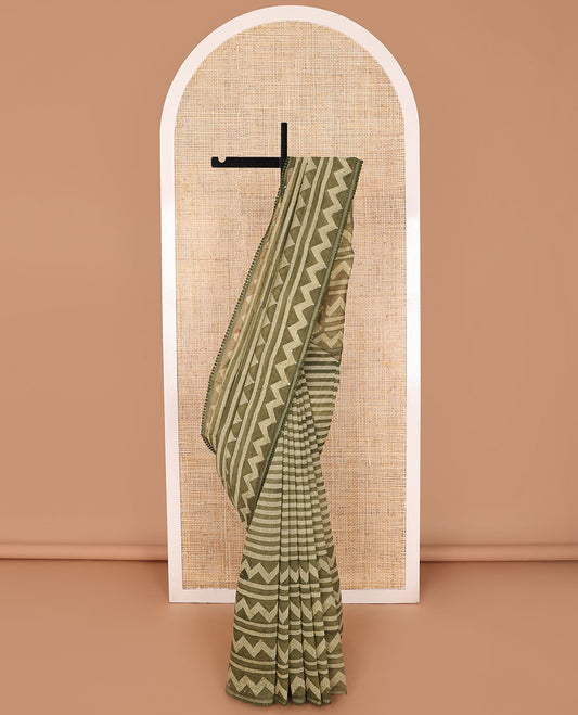 Green striped, chanderi cotton saree with self zig zag design, sequins work border & zig zag design, sequins work pallu