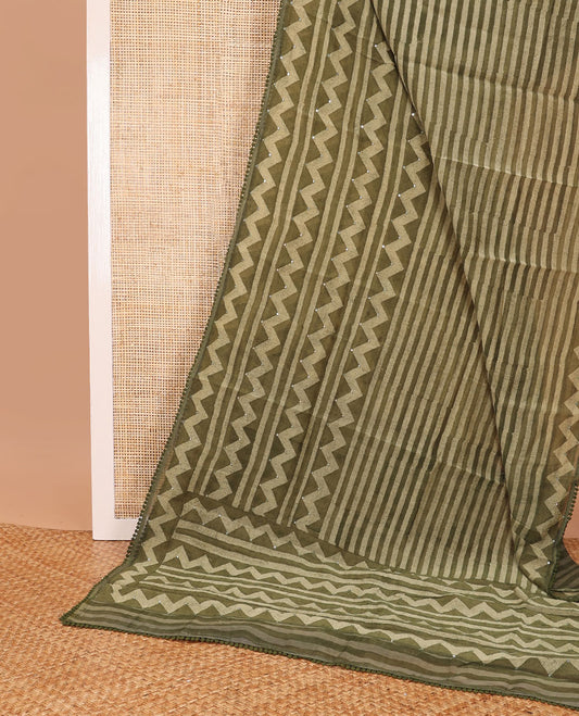 Green striped, chanderi cotton saree with self zig zag design, sequins work border & zig zag design, sequins work pallu