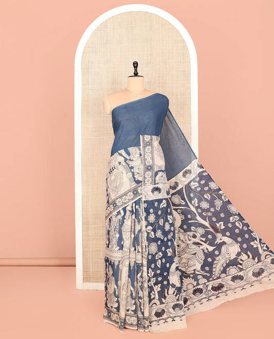 Borderless Grey Kalamkari Cotton Saree Features Ancient Human Motifs Print, Self-Pallu of Lord Motifs, and a Contrast Blouse