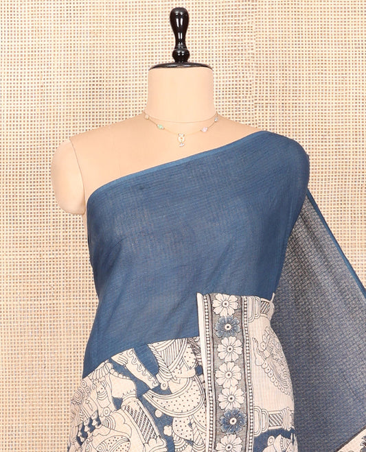 Borderless Grey Kalamkari Cotton Saree Features Ancient Human Motifs Print, Self-Pallu of Lord Motifs, and a Contrast Blouse