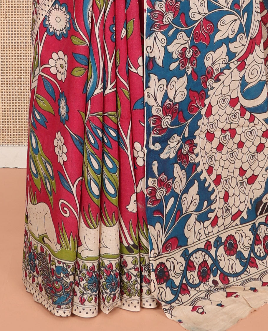 Pink Machine-Printed Kalamkari Cotton Saree Features Floral, Fauna, and Pichwai Lotus, a Contrast-Printed Border, Pallu of Lord Krishna Motifs, and a Contrast Blouse