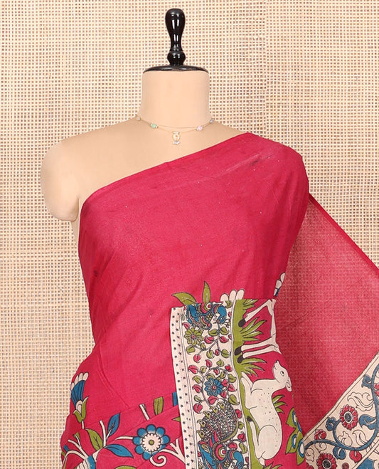 Pink Machine-Printed Kalamkari Cotton Saree Features Floral, Fauna, and Pichwai Lotus, a Contrast-Printed Border, Pallu of Lord Krishna Motifs, and a Contrast Blouse