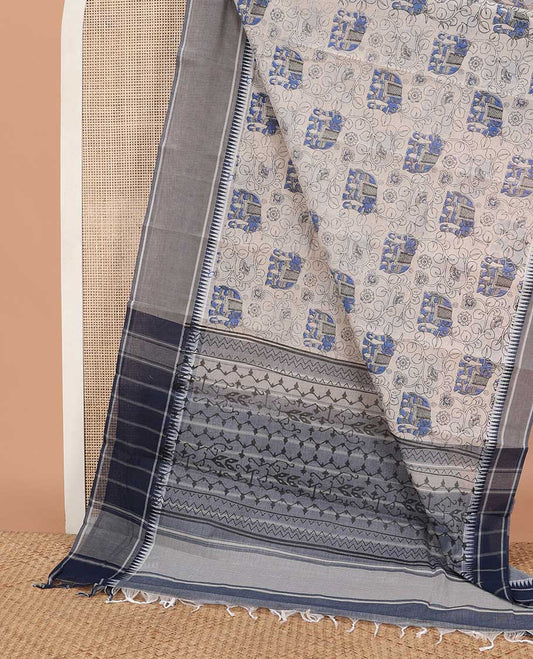 Beige kalamkari-style floral vine & elephant chirala cotton saree, contrast grey temple border & paithani design pallu