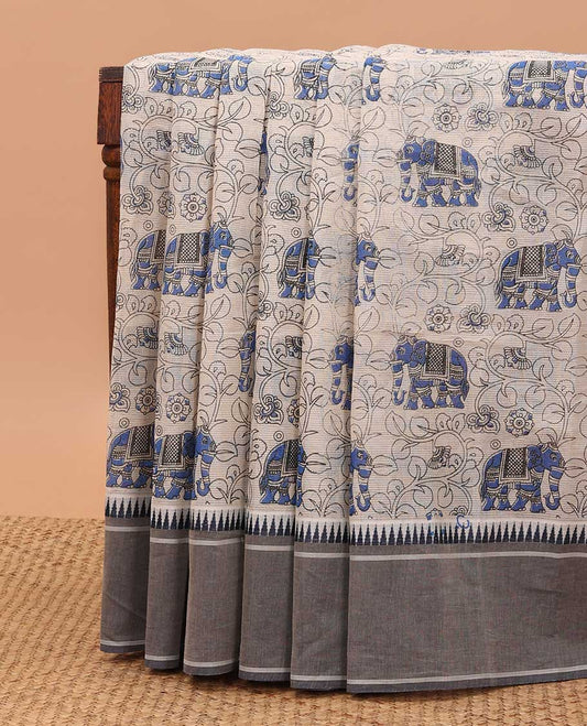 Beige kalamkari-style floral vine & elephant chirala cotton saree, contrast grey temple border & paithani design pallu