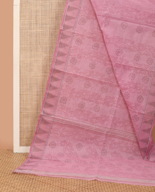 Pink striped & floral motifs printed Bengal cotton saree, temple border & printed pallu