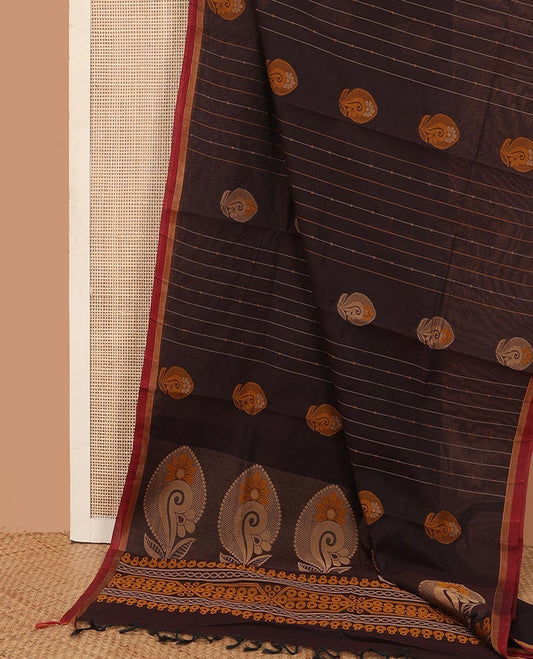 Brown stripes and buttas Kanchi cotton saree, contrast plain border, and pallu of intricate designs