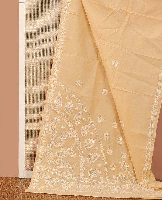 Sandal thread embroidered buttas Lucknowi chikankari saree, thread embroidered border, and intricately embroidered pallu