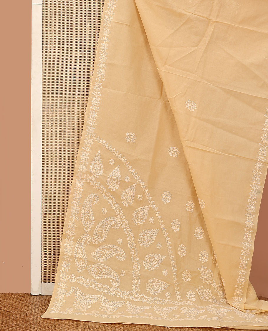 Sandal thread embroidered buttas Lucknowi chikankari saree, thread embroidered border, and intricately embroidered pallu