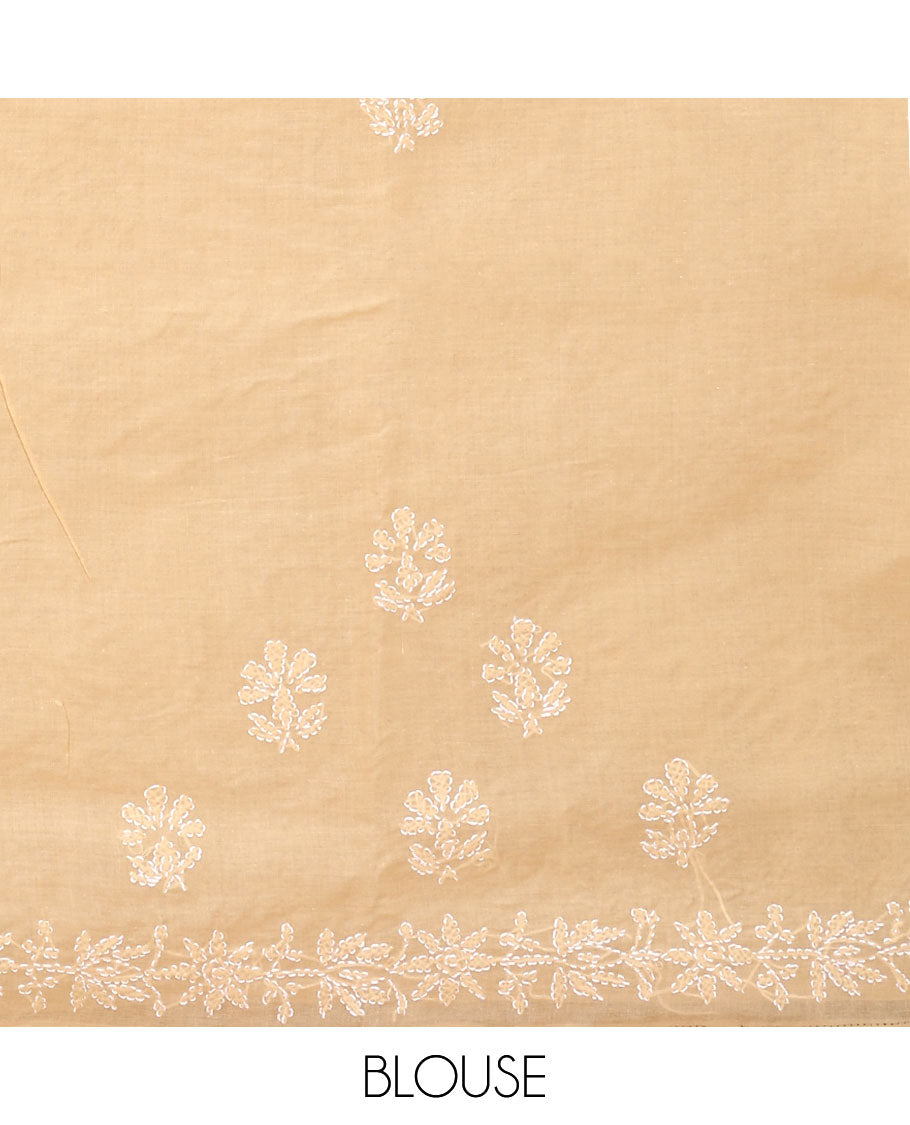 Sandal thread embroidered buttas Lucknowi chikankari saree, thread embroidered border, and intricately embroidered pallu